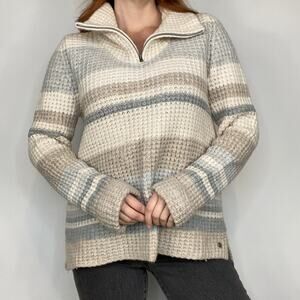 Vintage Y2K Eddie Bauer Neutral Tan Gray Stripped Half ZIP Wool Blend Sweater